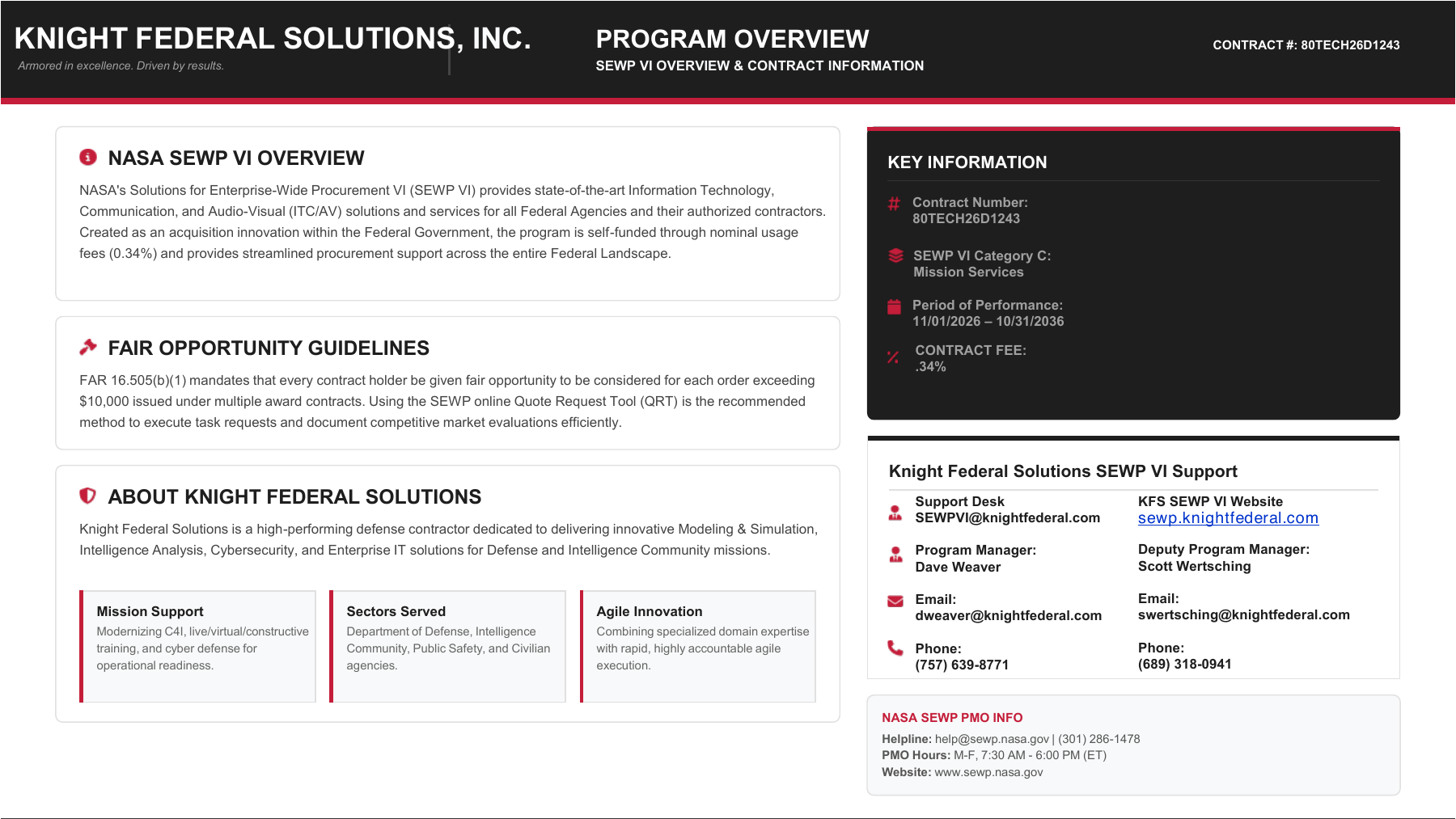 SEWP VI Ordering Guide, page 2 of 3: program overview, fair opportunity guidelines, key information and Knight Federal Solutions SEWP VI support contacts.